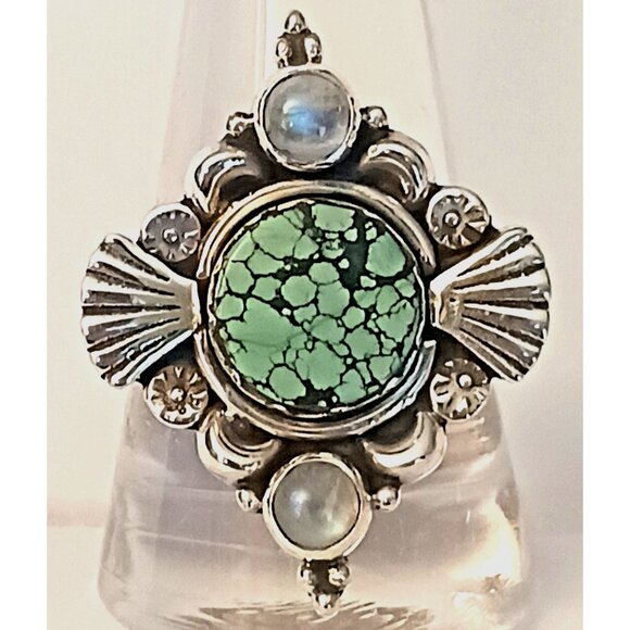 Tibetan Turquoise Moonstone Sterling Ring sz.11 (1569) - Picture 1 of 7